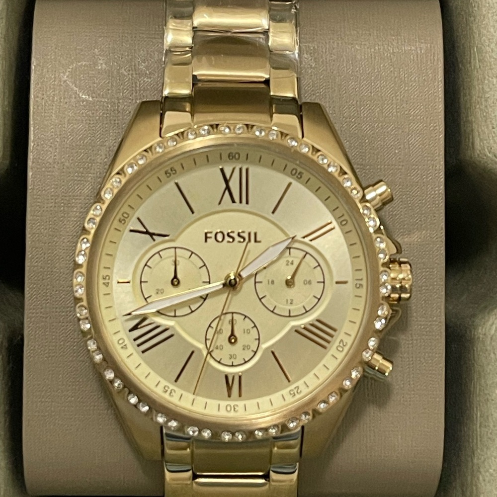 Fossil Gold Chronograph Watch with Crystal Bezel